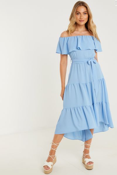 Blue Bardot Dip Hem Midi Dress